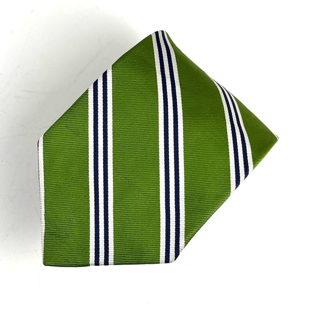 Rooster Silk Necktie Mens OS Green Navy White Striped Repp Ribbed Preppy Classic